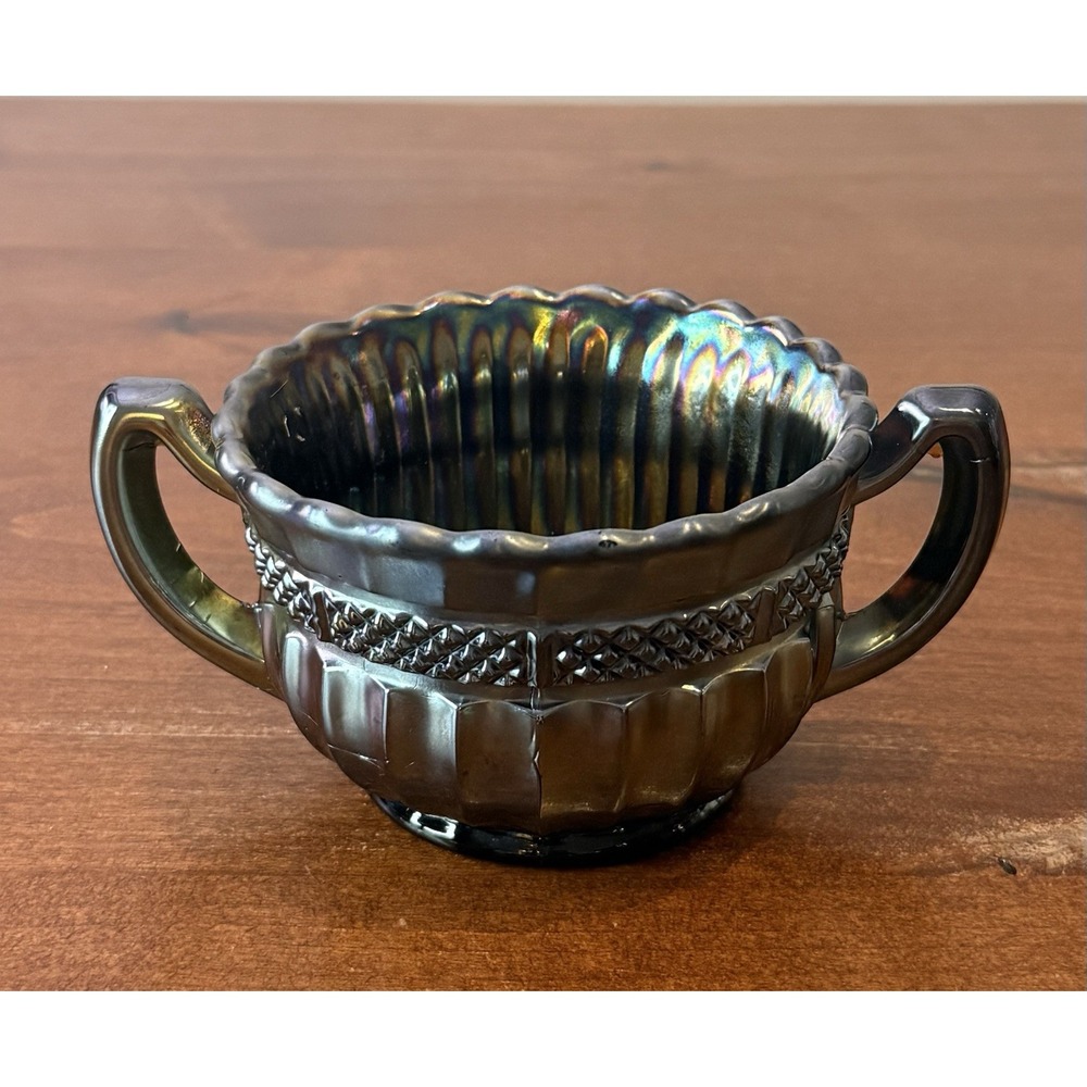 Antique VTG Northwood Luster Flute Sugar Bowl Iridescent Amethyst Carnival Glass